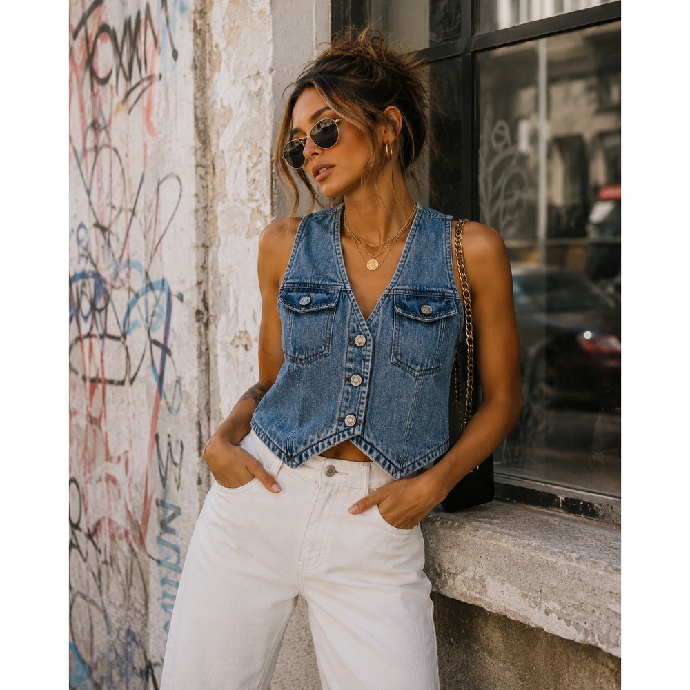 RSQ Denim Vest Womens XS Blue Y2K Retro Western Boho